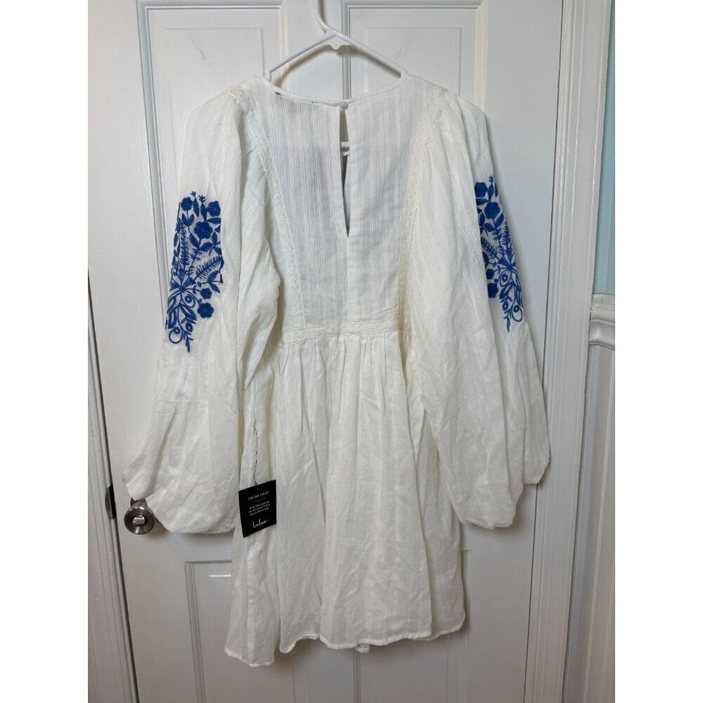 Lulus White & Blue Embroidered Shift Dress Long Puff Sleeve Size Small NWT - Picture 5 of 14